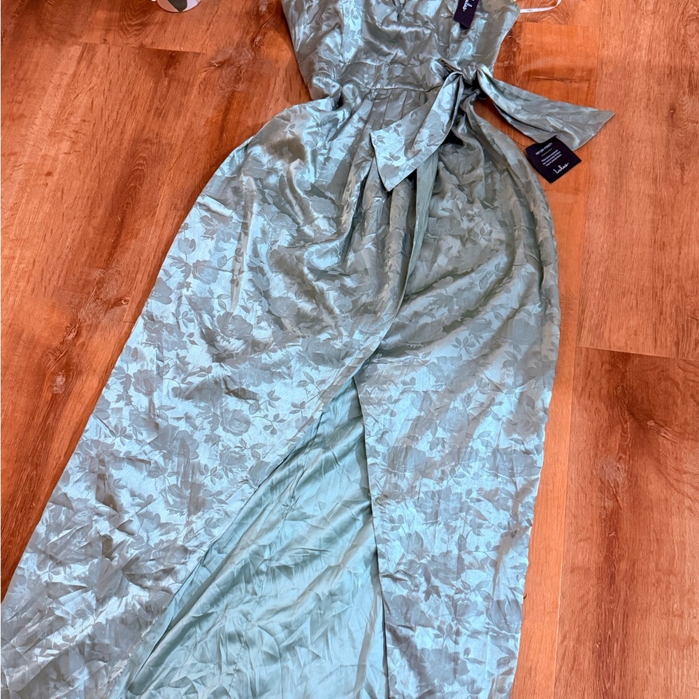 Lulu's Sage Green Floral Jacquard Maxi Dress with Self-Tie Waist